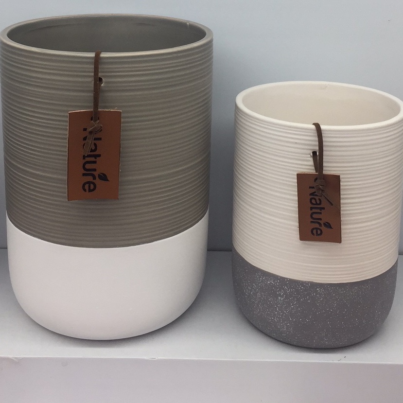 Ceramic vases with leather hanging cards, with grey on top and white on bottom, and white on top and grey on bottom, wholesale by box