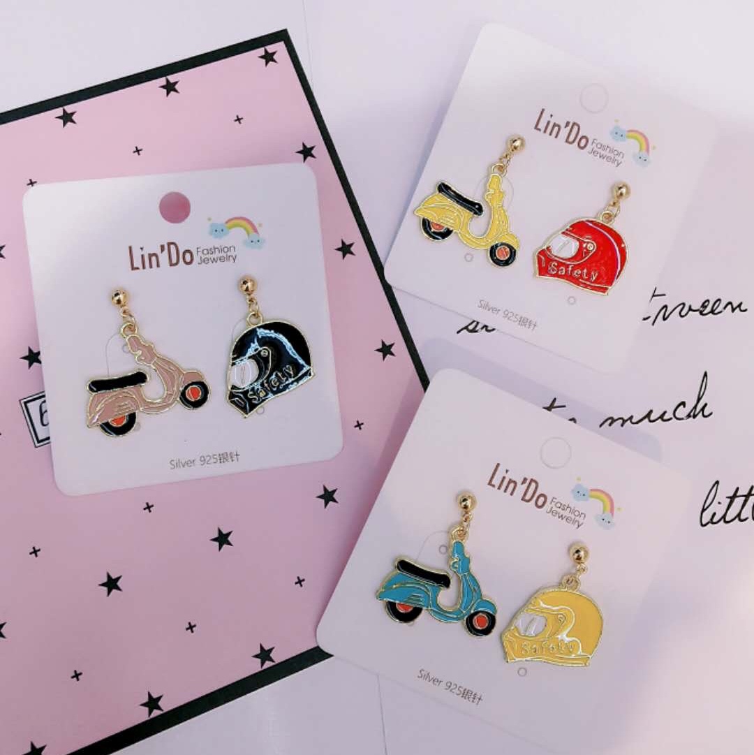 925 Silver needle Korean fun motorcycle helmet AB earrings thumbnail