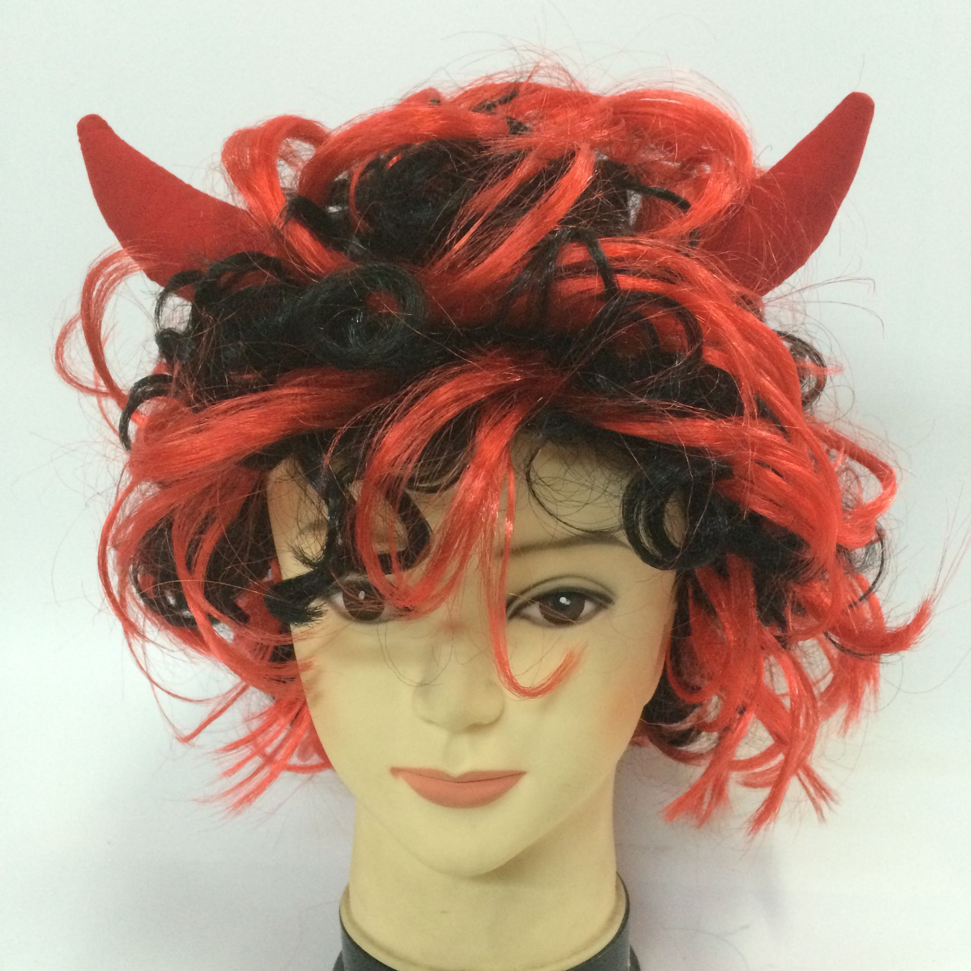 Halloween red and black bull horn short curly wig