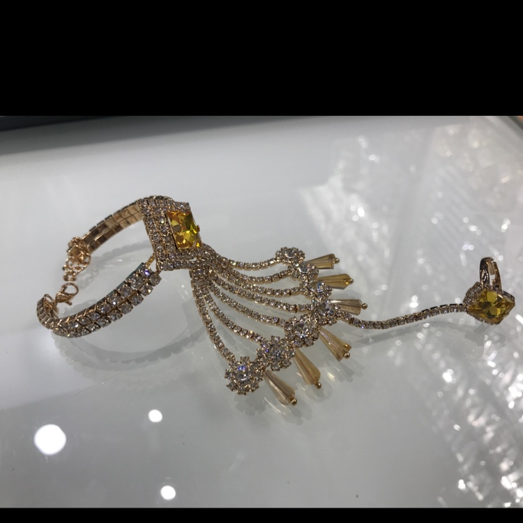 新款镀金手背链仿黄金手链镀金手背链结婚新娘女花手链加戒指产品图