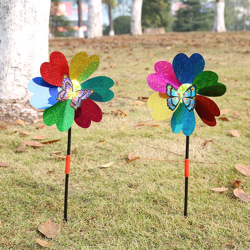 带弹簧儿童玩具风车批发学校活动装饰双面亮片立体蝴蝶塑料风车