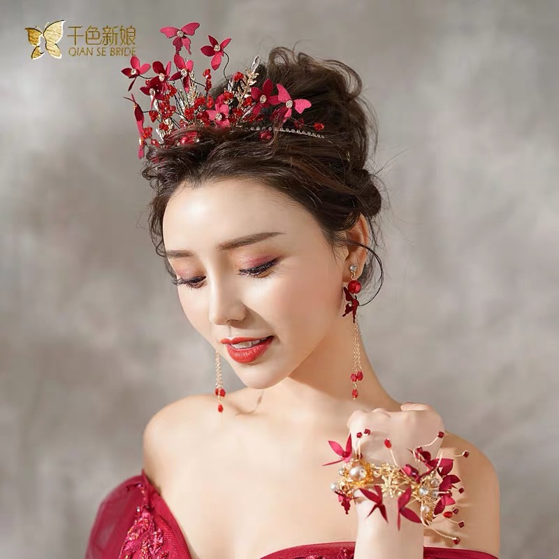 Bride Red Beautiful Handmade Crown Blush Beads Butterfly Romantic Rhinrhinide Korean Fashion Wedding Accessories Feather Butterfly details Picture