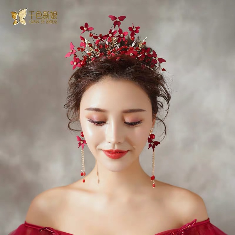 Bride Red Beautiful Handmade Crown Blush Beads Butterfly Romantic Rhinrhinide Korean Fashion Wedding Accessories Feather Butterfly