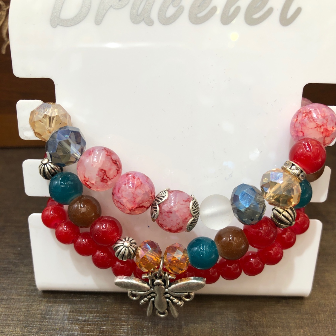 Fashion beaded bracelet with three rows of bee red thumbnail