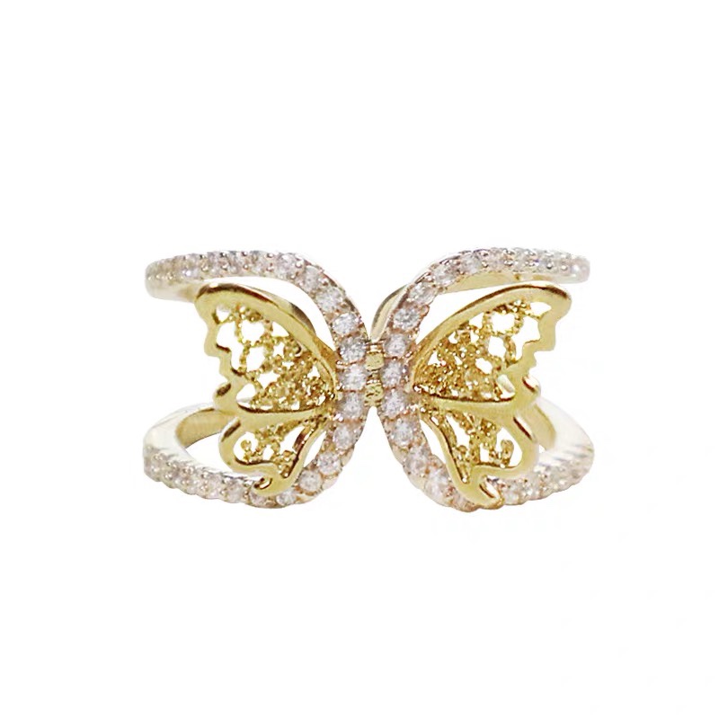 精致闪闪镂空蝴蝶戒指 小众指环开口食指戒