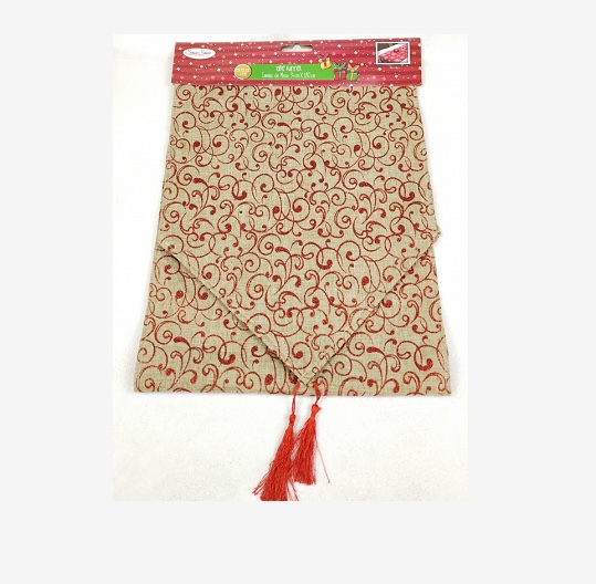 圣诞桌旗，细麻撒粉钩花图案，圣诞装饰桌布，卡头包装，35×180cm，96个一件