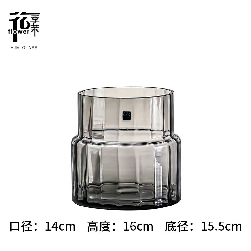 Modern and simple vertical striped transparent glass vase, large-mouthed flower vase, lucky bamboo, lily, fresh flowers, living room decoration Specification image