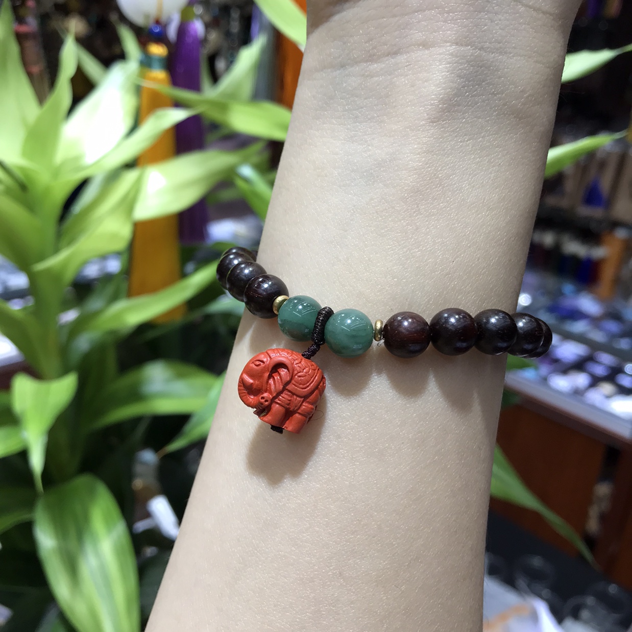 41 Purple sandalwood hanging cinnabar elephant bracelet, 8mm