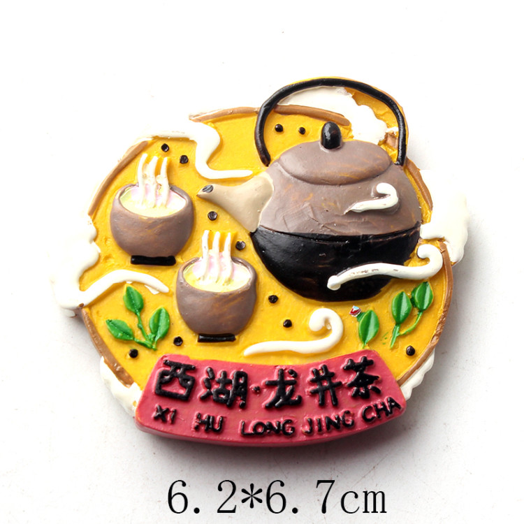 厂家现货批发西湖龙井茶 树脂3D手绘冰箱贴 杭州旅游纪念品批发