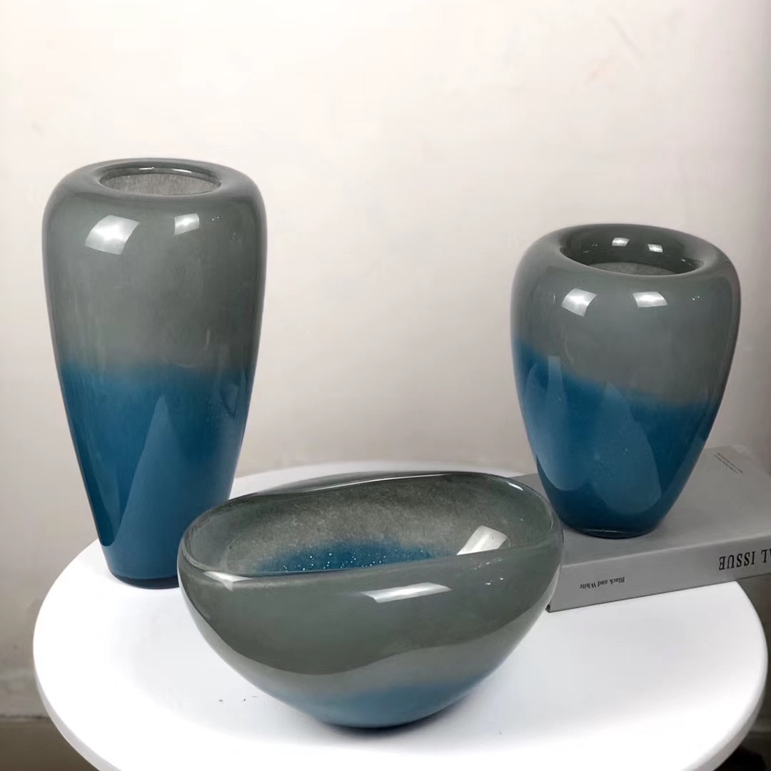 Nordic light luxury lake blue patterned glass handicraft vase, creative flower arrangement for living room home, office decoration glass bottle