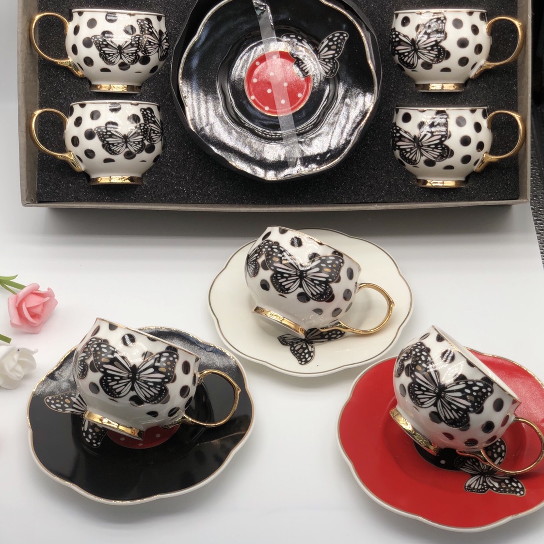 Exquisite butterfly pattern gilded 6-cup 6-dish coffee cup set, 3-color small luxurious and creative home coffee cup set