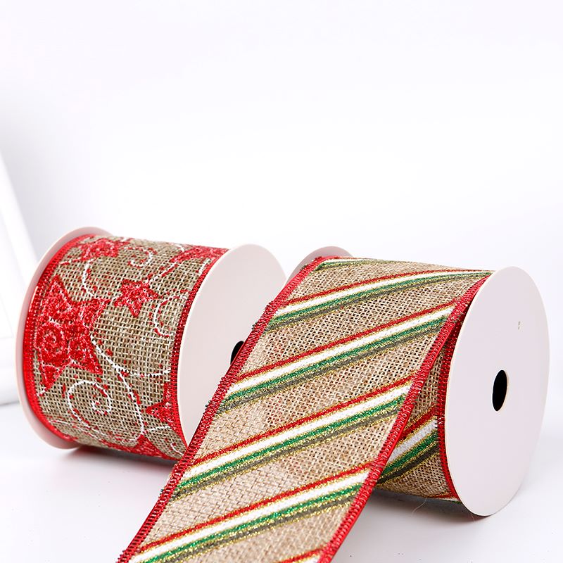 印花圣诞织带节日装饰带定做 6.3cm丝带 镶金边织带印刷丝带烫金白底实物图
