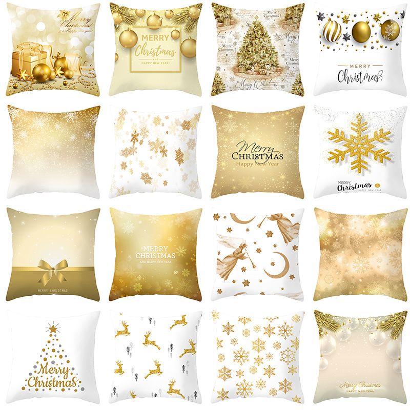 新款圣诞节金色雪花桃皮绒抱枕套 家居沙发靠枕靠垫套批发定制