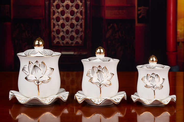 Auspicious Buddhist utensils, white description gold small, medium and large cups