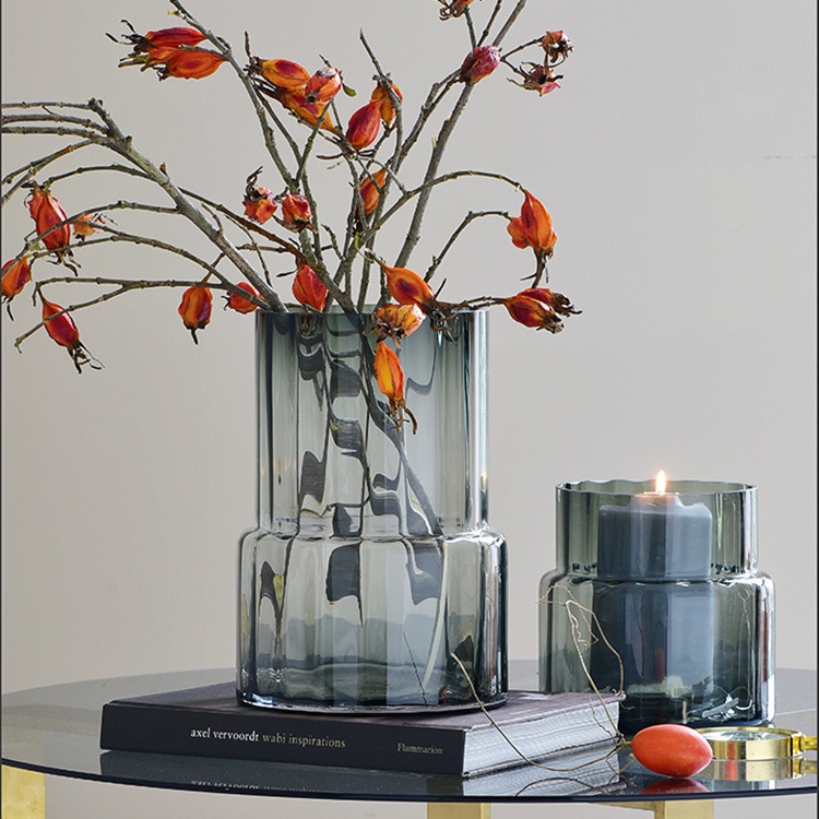 Modern and simple vertical striped transparent glass vase, large-mouthed flower vase, lucky bamboo, lily, fresh flowers, living room decoration