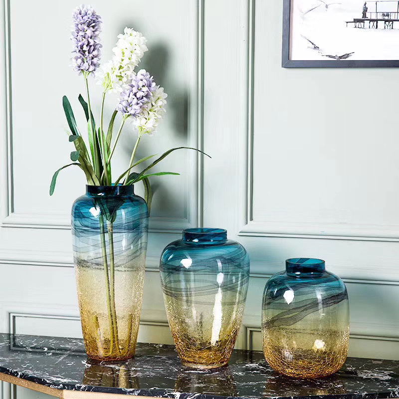 Ice crack lake blue pattern glass craft vase, Nordic light luxury living room home decoration creative flower arrangement, office ornament glass bottle