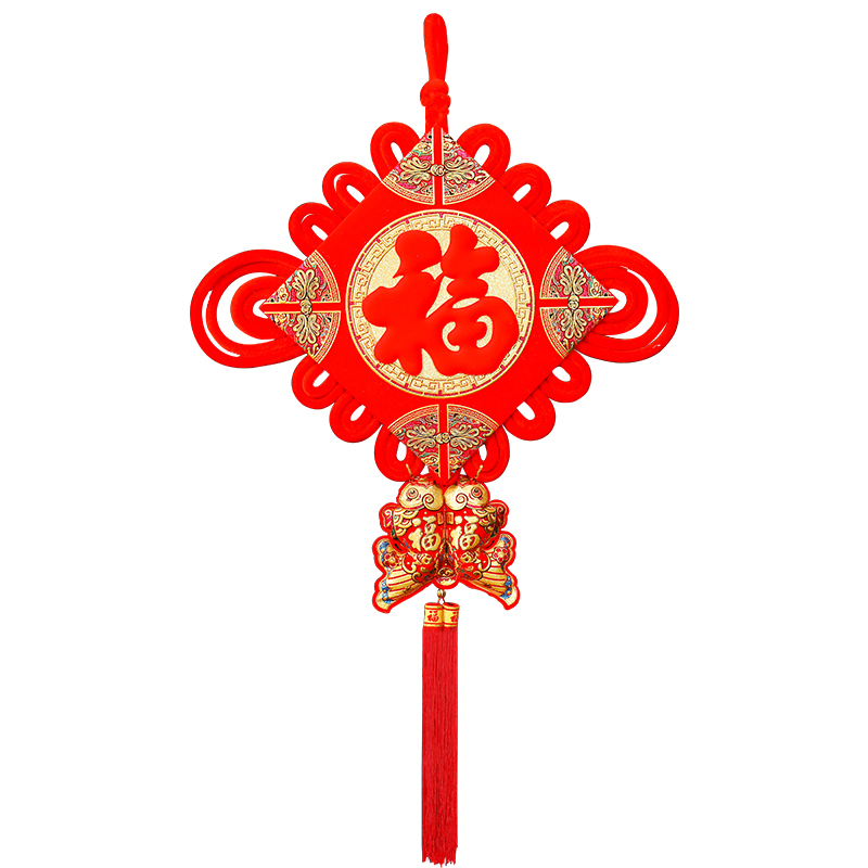王政结艺新款中国结 木板结中国风红福吊鱼