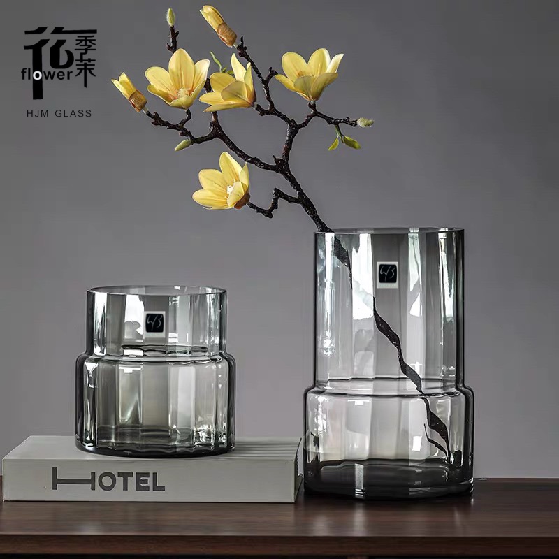Modern and simple vertical striped transparent glass vase, large-mouthed flower vase, lucky bamboo, lily, fresh flowers, living room decoration undefined