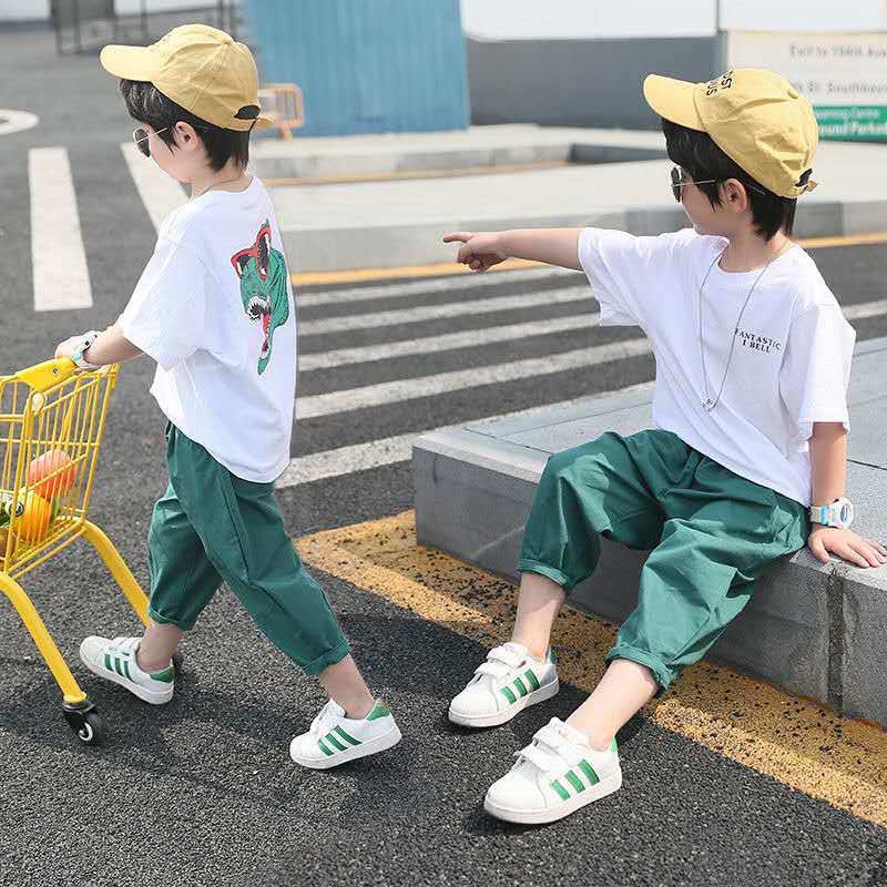 2020新款夏装男童纯棉套装短袖短裤中大儿童休闲恐龙韩版两件套潮