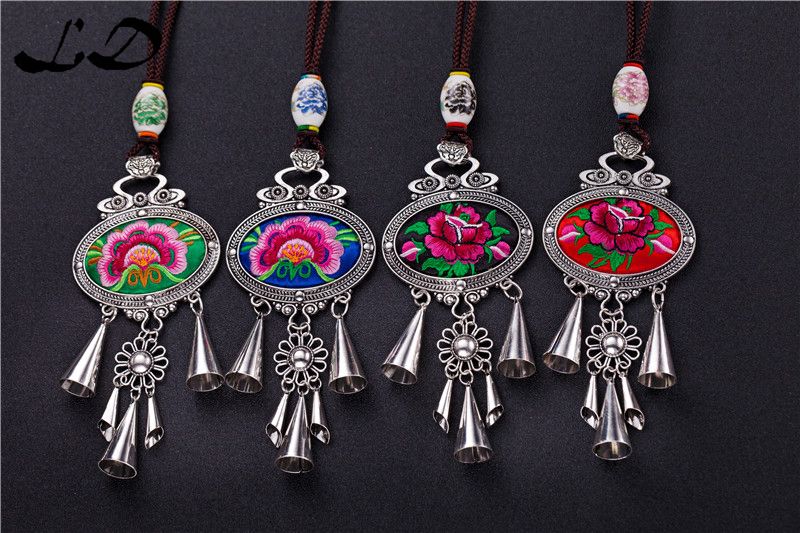 Landie Yunnan ethnic style retro embroidery peony flowers long necklace miao silver pendant accessories manufacturers wholesale thumbnail