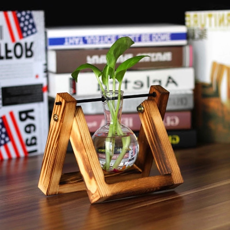 Direct sales and wholesale of Nordic simple wooden frame hanging bottles, glass vases, hydroponic plant ornaments and decorations from the manufacturer details Picture