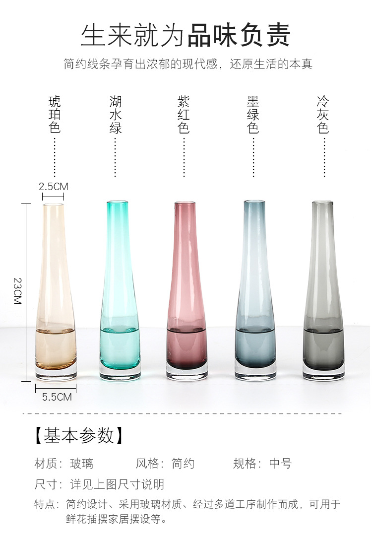 Colorful small vases, one-piece vases, glass dining tables, single-piece flower arrangements, countertop vases, modern and simple flower vases, transparent vases detail image 2