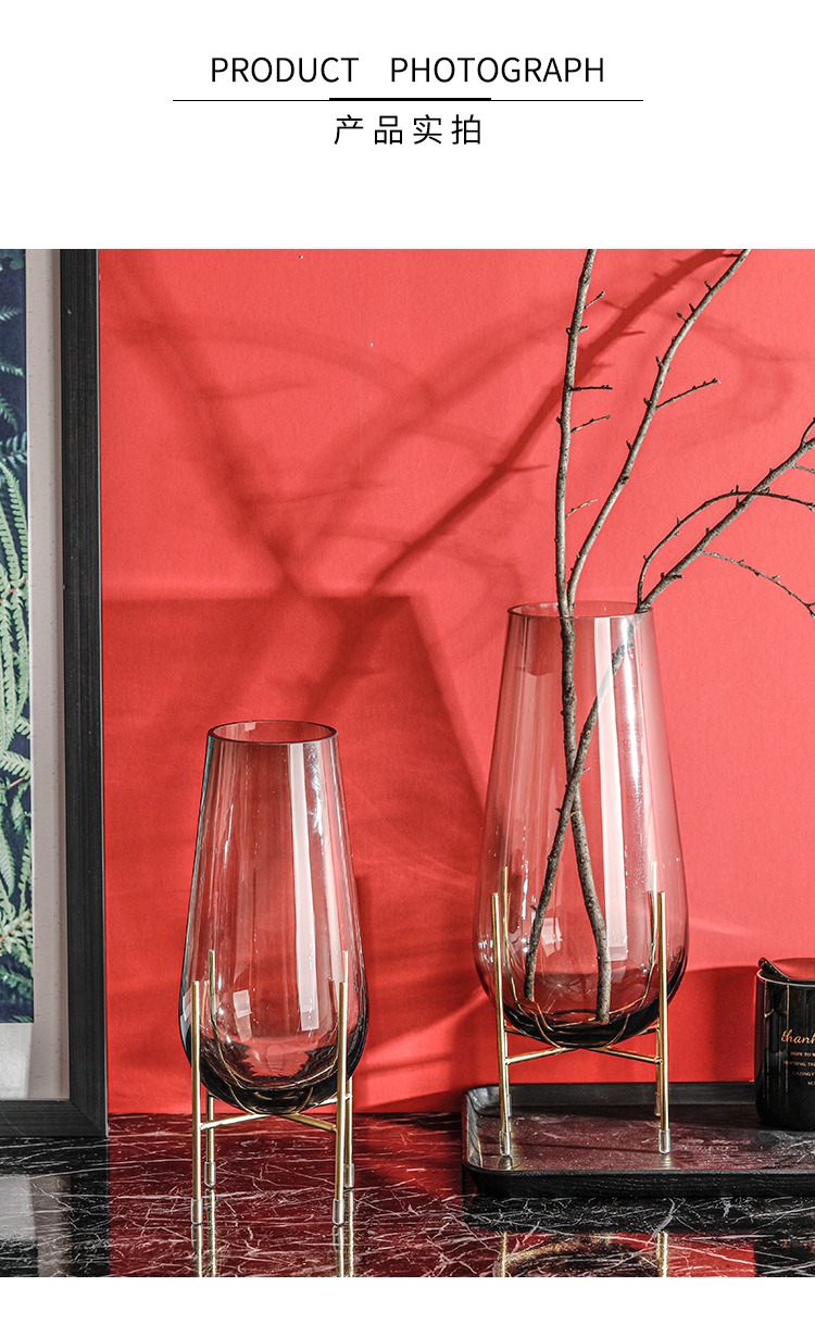 Nordic light luxury glass transparent vase, creative ironwork vase for living room flower arrangement, water-grown lucky bamboo decoration detail image 1