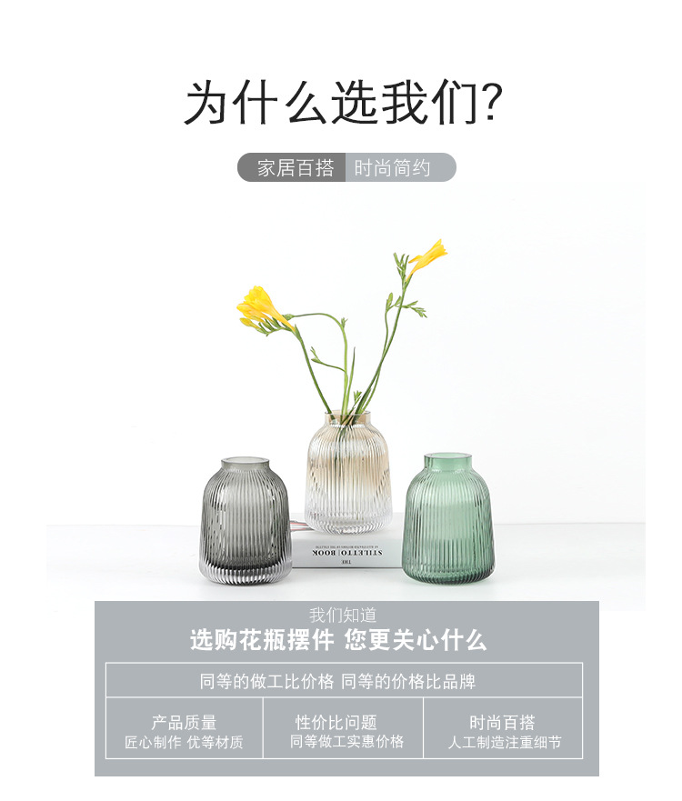 Nordic ins simple vertical patterned glass transparent vase for home living room fresh flowers, water cultivation, flower arrangement and dining table decoration detail image 1