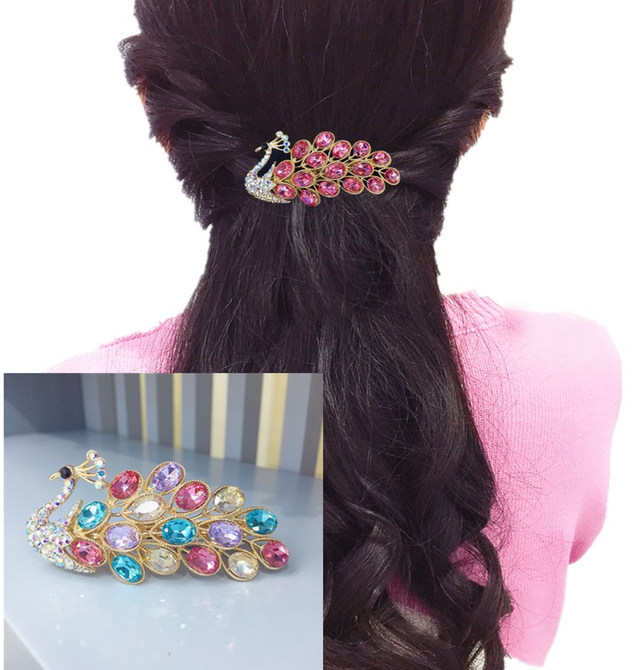 轻奢孔雀水晶发夹后脑勺水钻扎发卡头饰韩国百搭气质优雅外出夹子