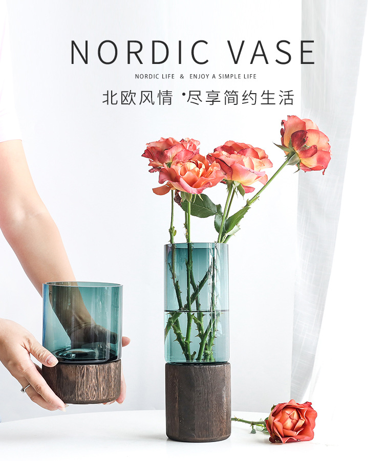 North European ins light luxury simple home solid wood base transparent glass North American Holly vase flower arrangement soft decoration piece detail image 3