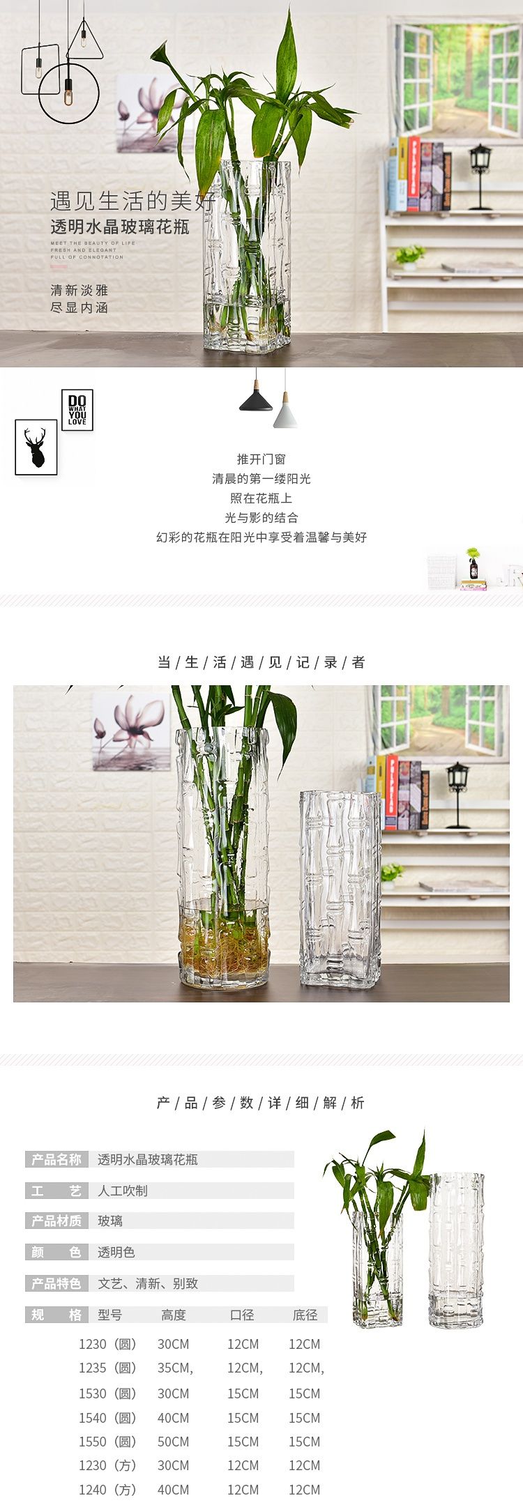 A modern and simple Nordic hydroponic lucky bamboo vase, a large transparent glass flower arrangement for the living room, a floor-standing household decoration