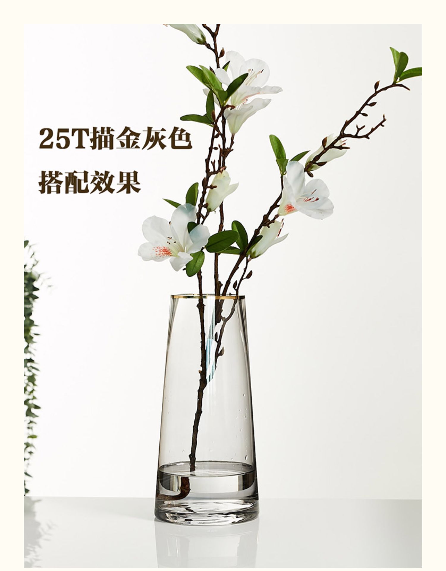 北欧T型简约玻璃花瓶透明描金 客厅餐桌家居装饰水养插花花瓶摆件详情图1