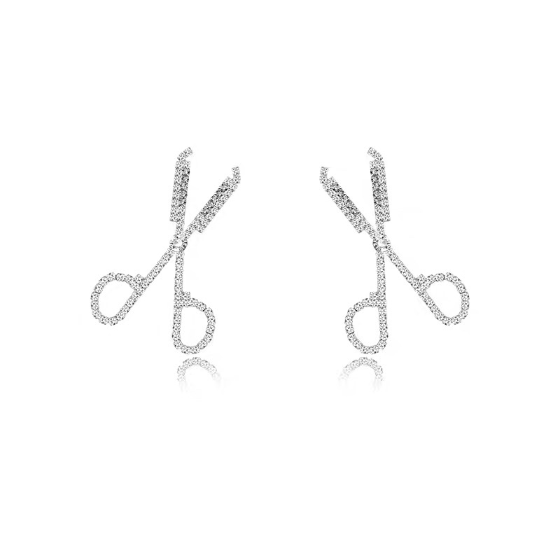 New design sense diamond-encrusted super sparkling scissor earrings, simple and fashionable, best-selling personalized long stud earrings, trendy for women Item Picture