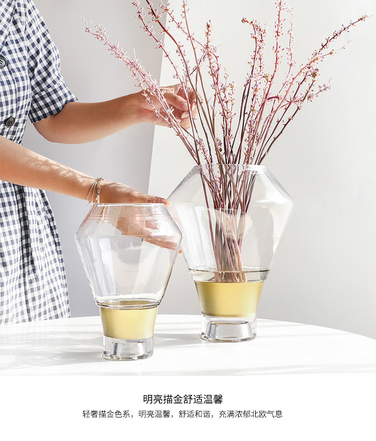 Modern and simple Nordic-style gilded black personalized transparent glass vases, flower vases, flower arrangements, fresh flowers, home panel room ornaments detail image 1