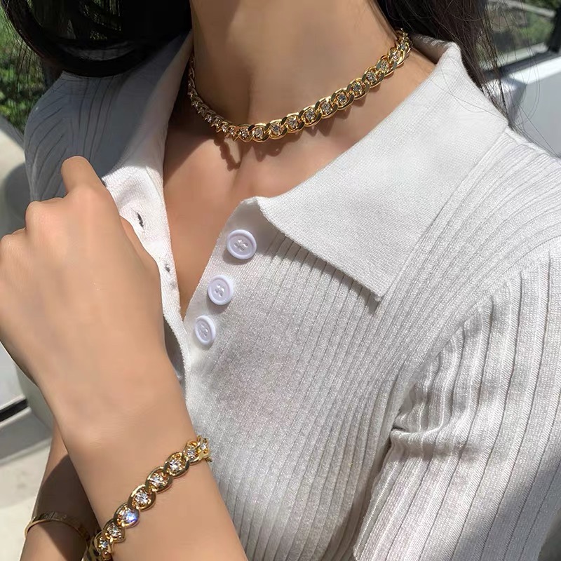 欧美个性金属链条镶钻choker锁骨颈链 同款手链手饰女潮