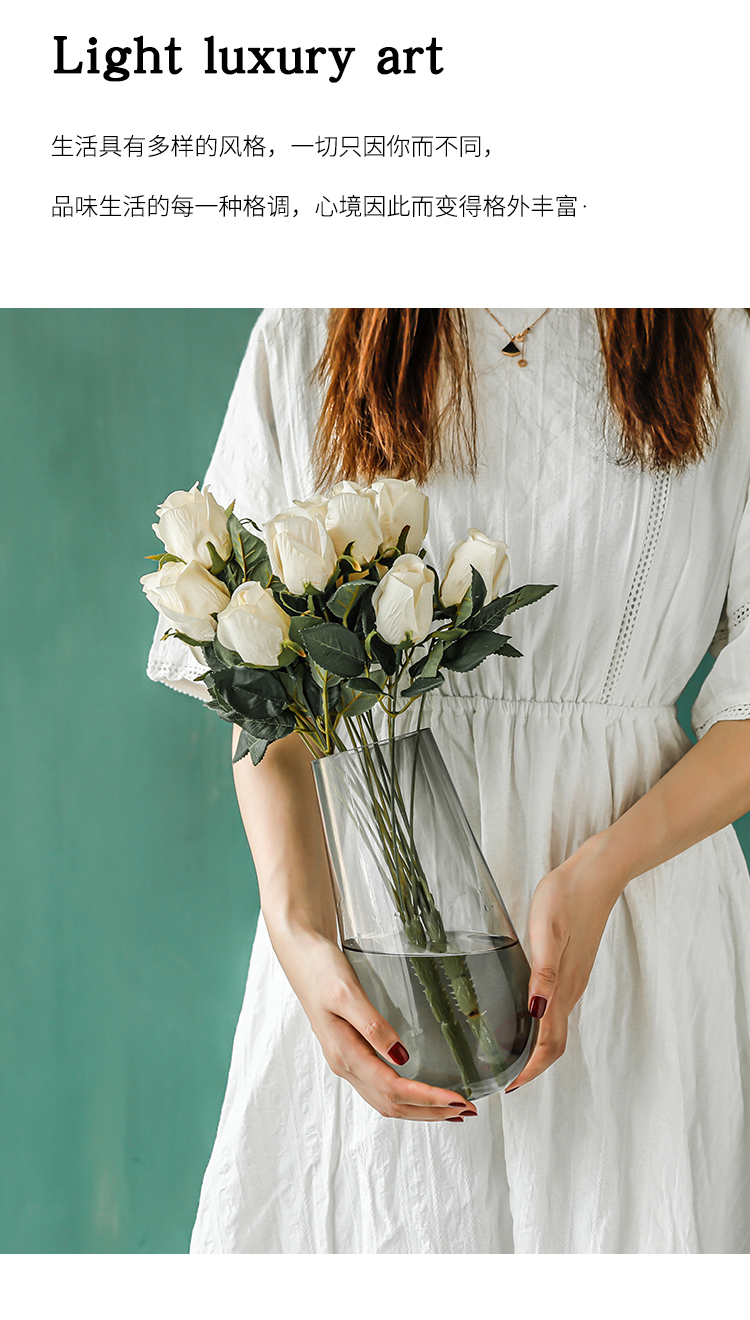 Nordic light luxury glass transparent vase, creative ironwork vase for living room flower arrangement, water-grown lucky bamboo decoration detail image 3