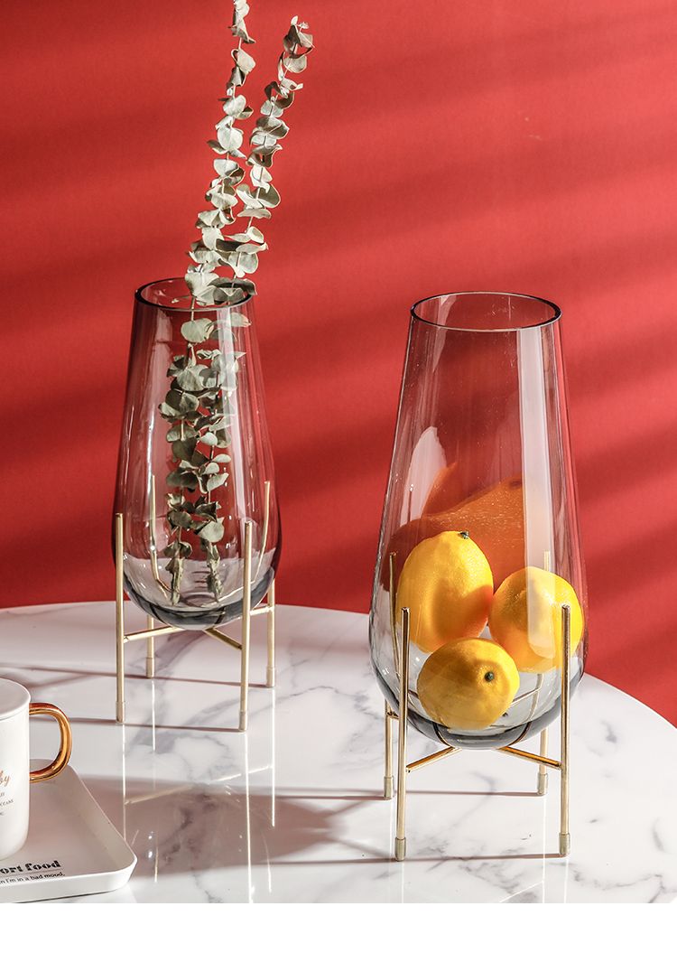 北欧轻奢玻璃透明花瓶客厅插花摆件创意铁艺花瓶水养富贵竹装饰品