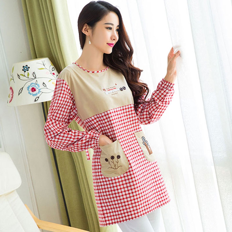 家居厨房防水防油围裙韩版时尚长袖围裙成人罩衣棉麻工作服背带裙图