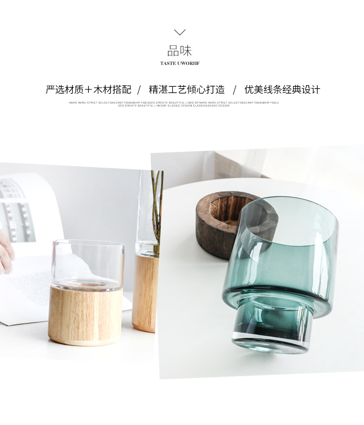 North European ins light luxury simple home solid wood base transparent glass North American Holly vase flower arrangement soft decoration piece detail image 2