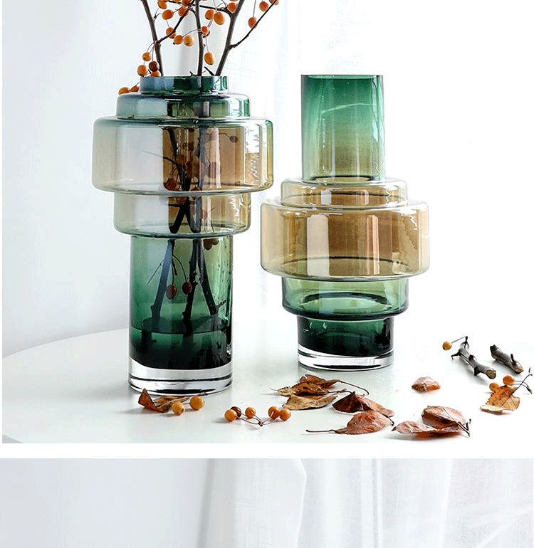 轻奢琥珀色渐变透明玻璃花瓶水培艺术花器家居样板房软装饰品摆件