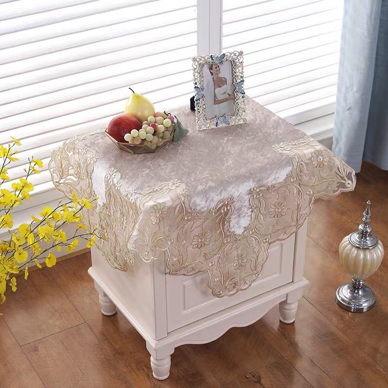 Beige tablecloth, fabric lace, bedroom bedside table cover, corner table cover, refrigerator, washing machine, air conditioner, dust cover, universal cover