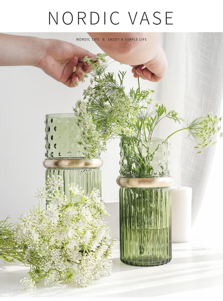 A large floor-standing glass vase with a European-style retro transparent lucky bamboo dried flower design featuring a beaded copper ring metal design detail image 3