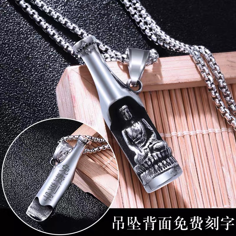 Titanium steel beer bottle necklace, male Buddha statue, retro and powerful pendant, bottle opener, trendy and personalized accessory, bottle cap opening wonder thumbnail