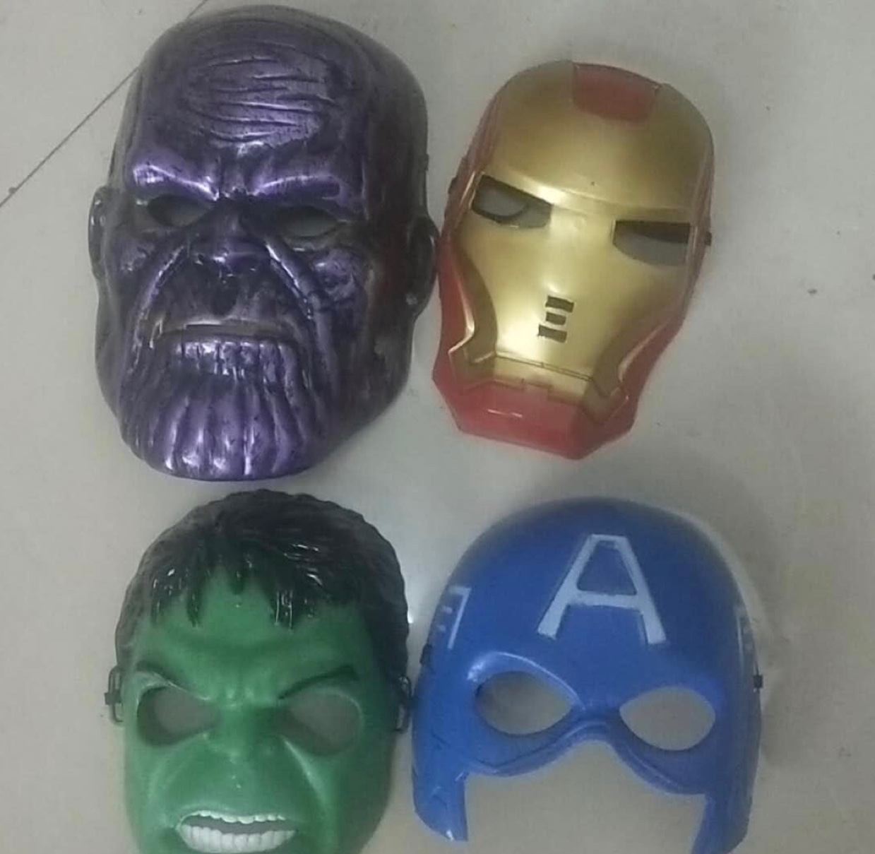 Revenge League masks, Thanos, Iron Man, the Hulk, Captain America masks
