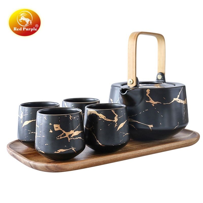 陶瓷大理石纹茶壶套装1壶4杯配木底盘