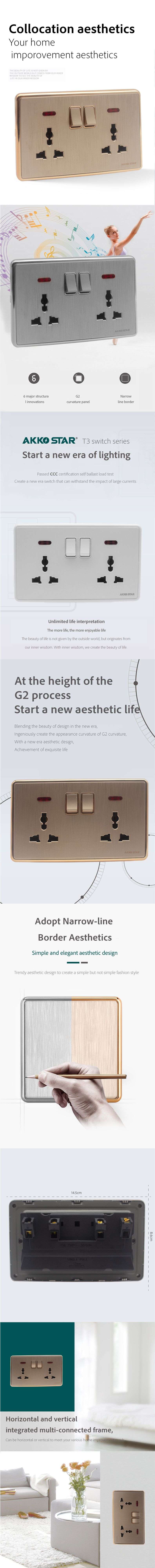 AKKOSTAR dual 13A universal hole multi-functional wall switch with light in white, gold and silver details Picture