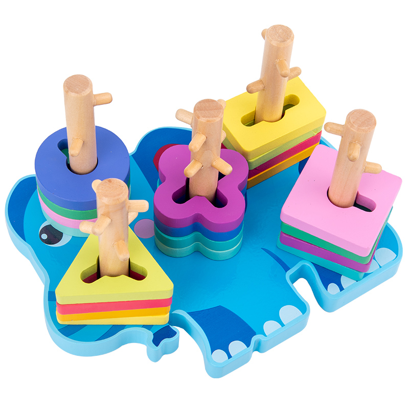 木质儿童玩具益智木制玩具大象形状套柱几何形状认知智力玩具