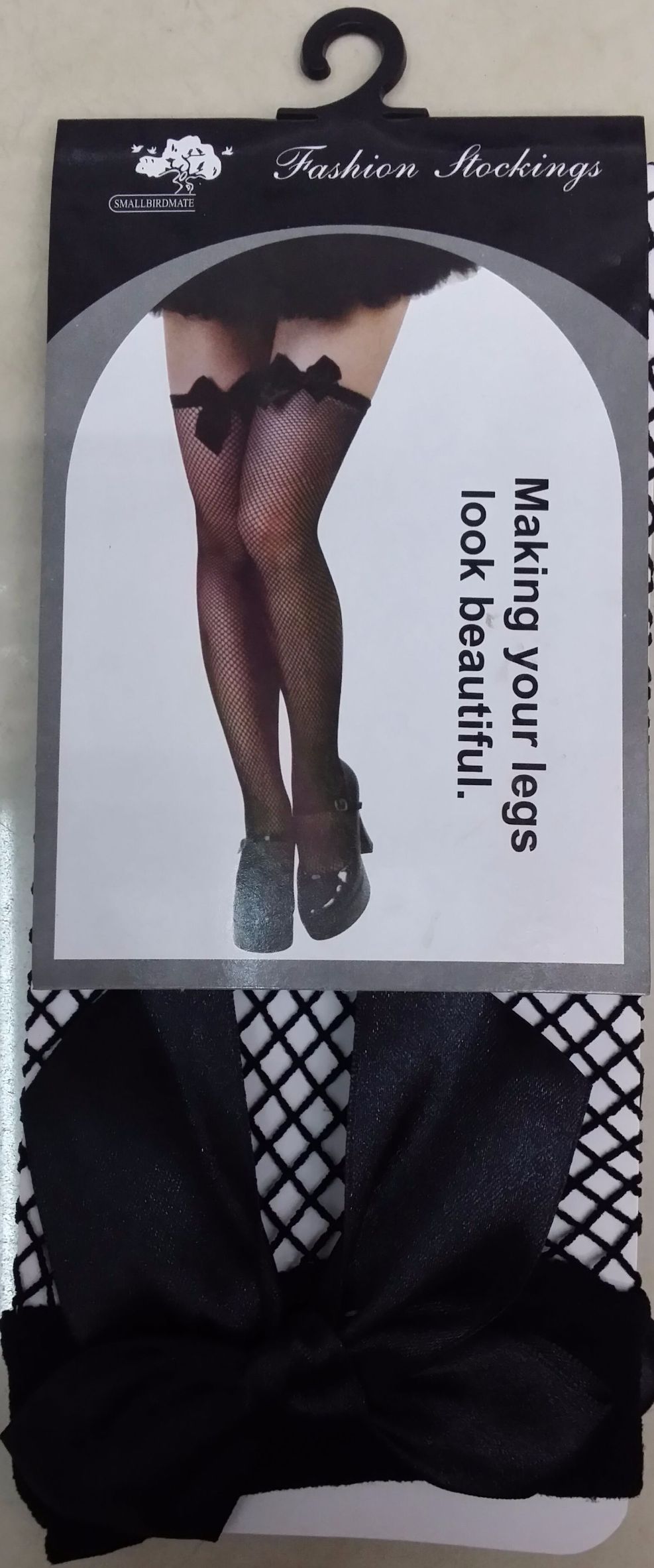 黑色中小网长筒袜加黑色蝴蝶结