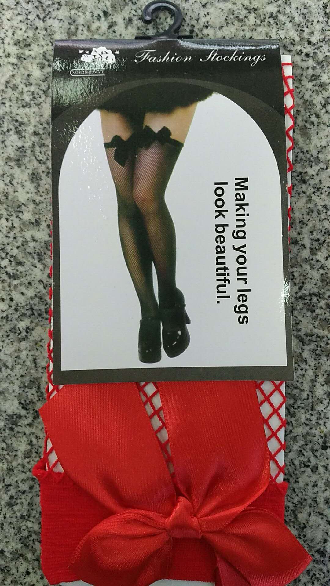 大红色中小网长筒袜加大红蝴蝶结