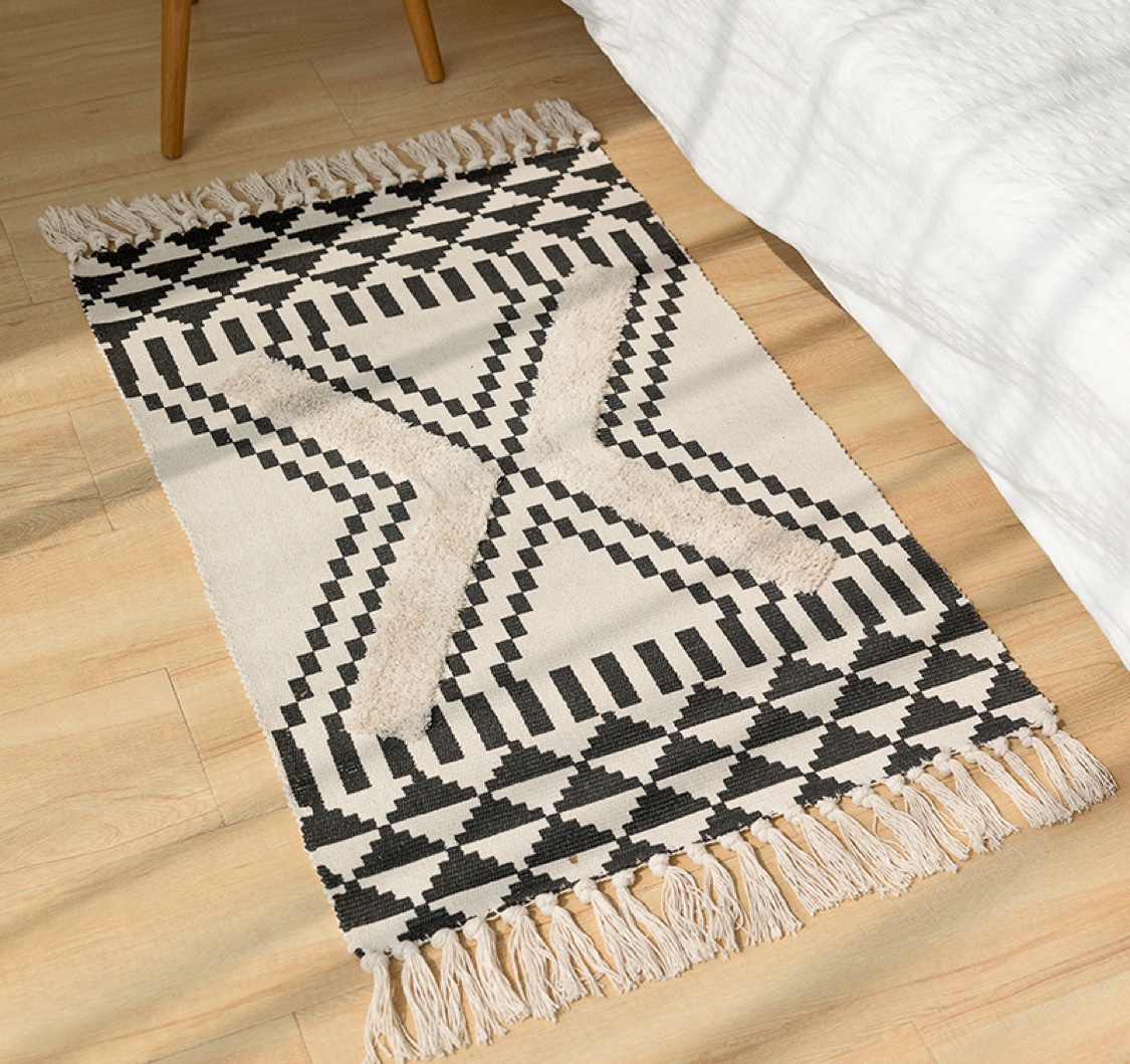 名杨织秀 棉线编织ins欧式丝网印花簇绒地垫手工打结流苏进门脚垫产品图